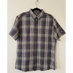 Kuhl Mens Short Sleeve Plaid Linen Cotton Blend Blue Button Down Shirt Sz Large